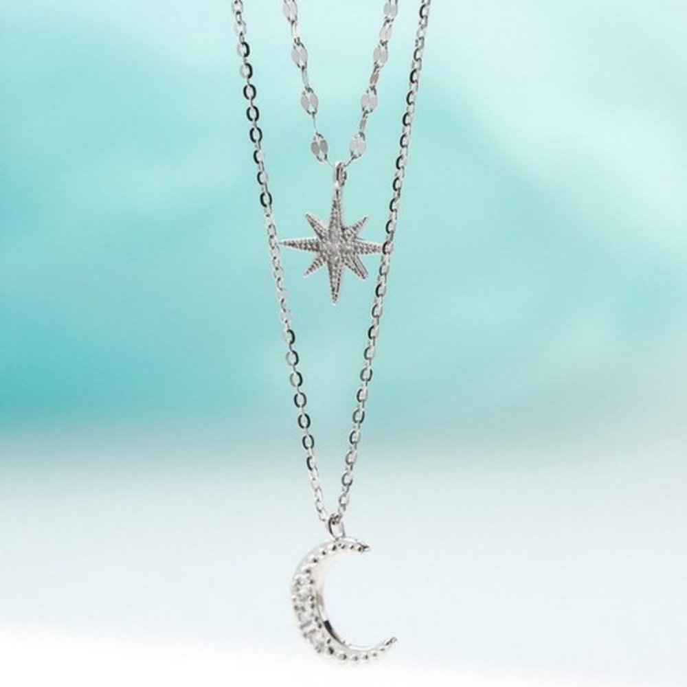 925 Sterling Silver Diamond Moon Star Necklace K - Picture 3 of 7